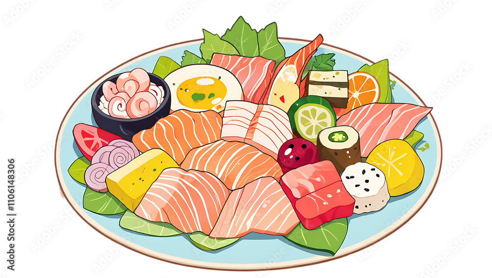A brightly colored, cartoonish kawaii a platter of sashimi sushi and eggs A brightly colored, cartoonish kawaii a platter of sashimi sushi and eggs