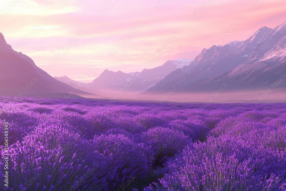 A purple field nestled beneath majestic mountains. The sky radiates soft pink hues while the grass sparkles with lavender shades A purple field nestled beneath majestic mountains. The sky radiates soft pink hues while the grass sparkles with lavender shades
