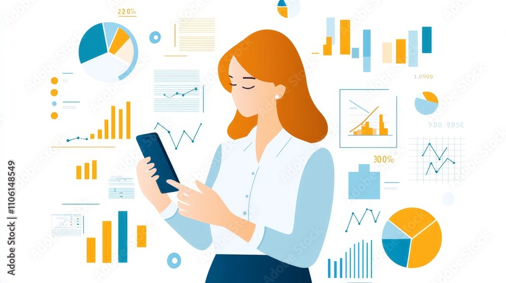 Businesswoman Analyzing Financial Data on Smartphone with Charts and Graphs in Background Businesswoman Analyzing Financial Data on Smartphone with Charts and Graphs in Background