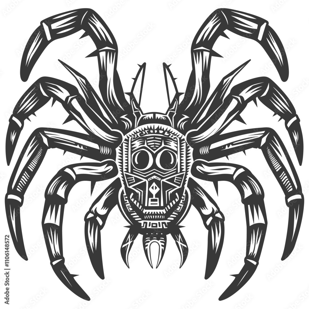 Black And White Illustration Of A Stylized Spider With A Geometric Head Black And White Illustration Of A Stylized Spider With A Geometric Head