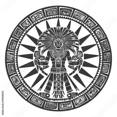 Black And White Illustration Of A Stylized Aztec Deity Within A Circular Frame