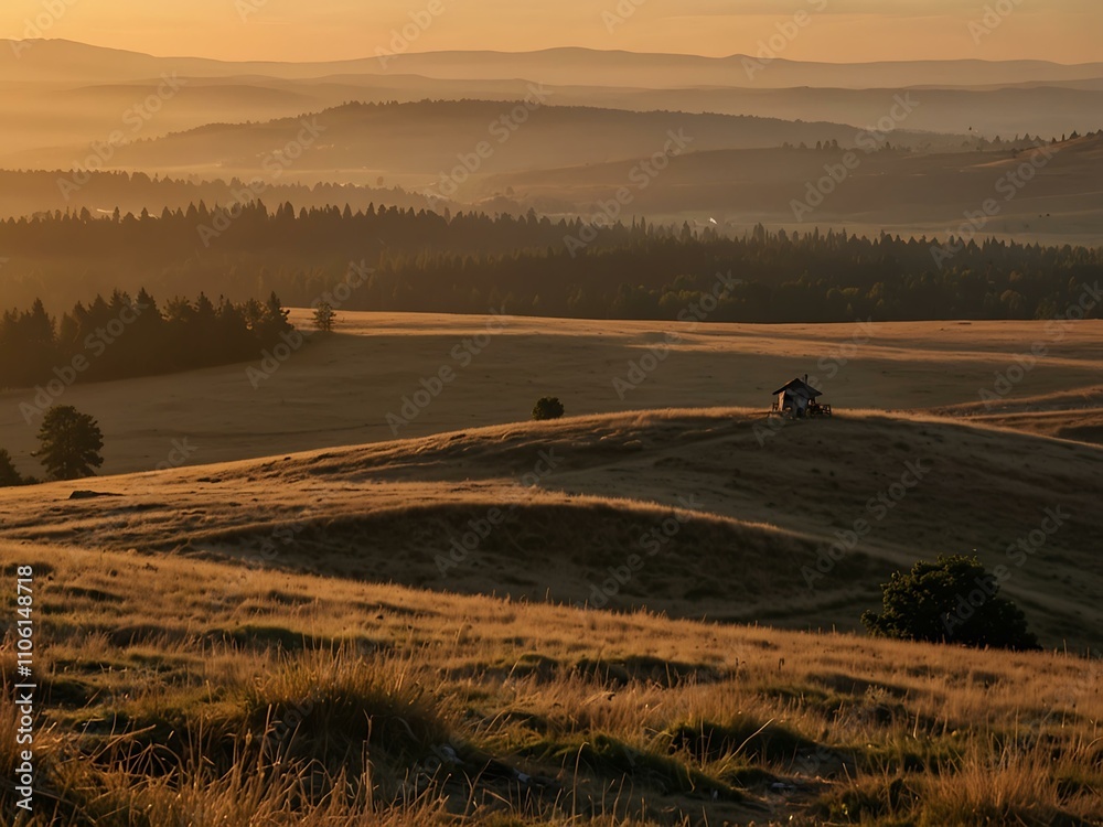 Fototapeta premium Golden sunset from Orlické Mountains with a Czech landscape.