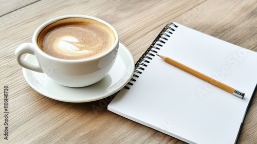 clean and sleek white desk featuring cup of coffee, pencil, and blank notepad creates serene workspace. Perfect for inspiration and productivity