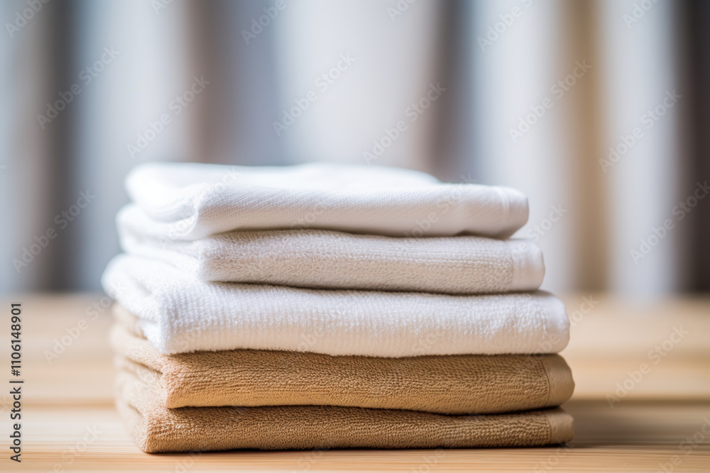 Freshly folded towels stacked neatly on wooden surface, showcasing clean and organized look. soft textures and neutral colors create calming atmosphere