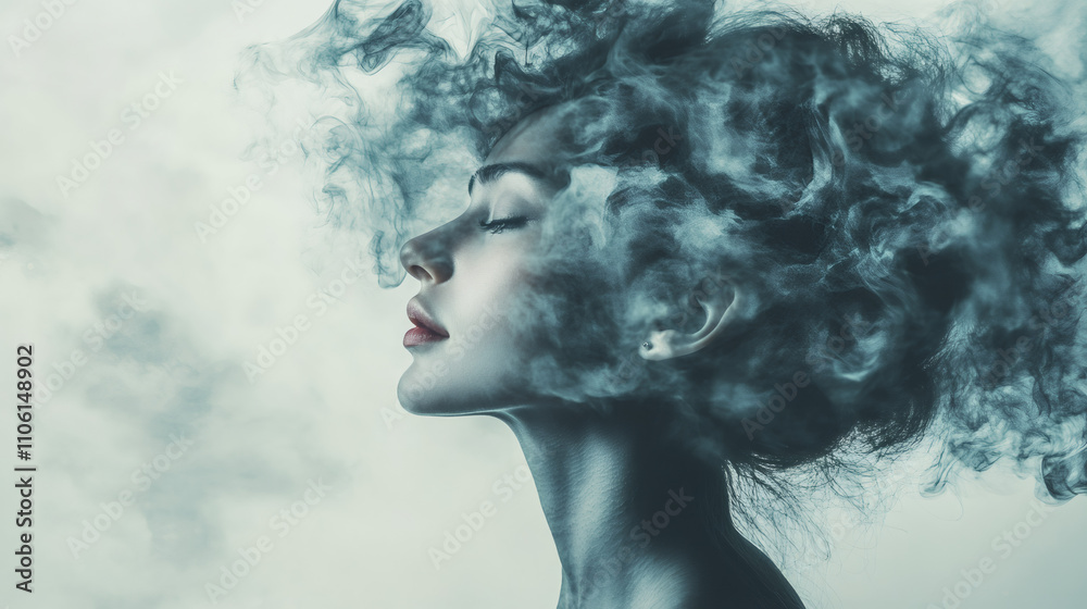 Portrait of a model with closed eyes and tousled hair, evoking a dreamy and ethereal mood Portrait of a model with closed eyes and tousled hair, evoking a dreamy and ethereal mood