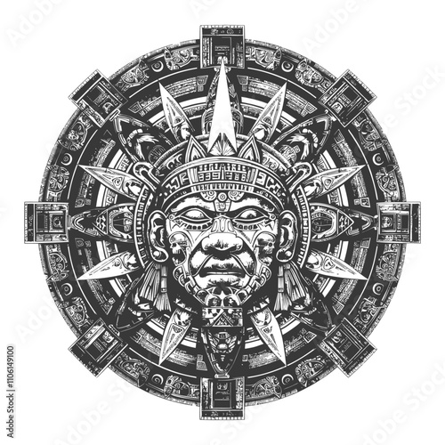 Black And White Illustration Of An Aztec Calendar With A Face In The Center