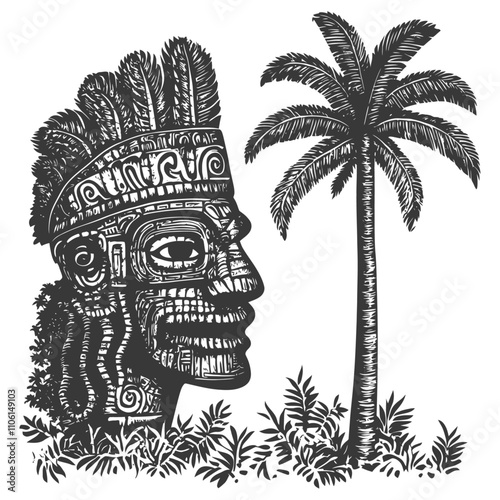 Black And White Illustration Of An Aztec Head With Palm Tree