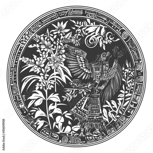 Black And White Illustration Of An Aztec God With Wings In A Circular Frame