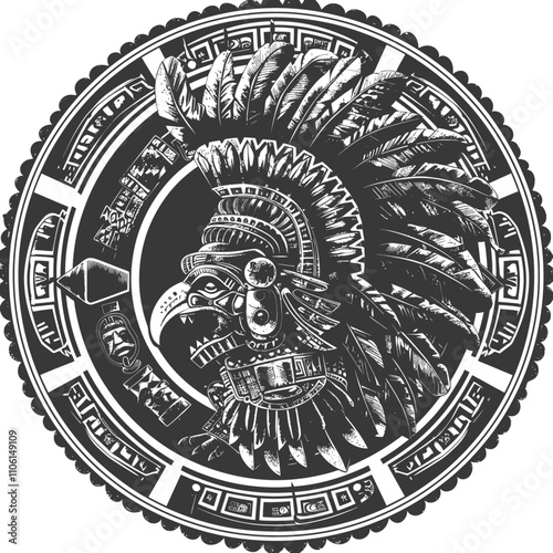 Black And White Illustration Of An Aztec Eagle Warrior With Feathers