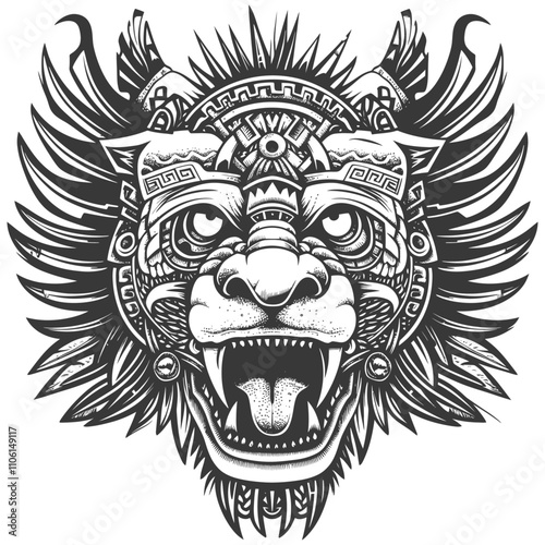 Black And White Illustration Of An Aztec Jaguar With Wings