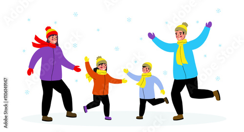 Family: mom, dad and son, daughter rejoice in the snowfall. Family having fun in winter. Vector illustration on white background