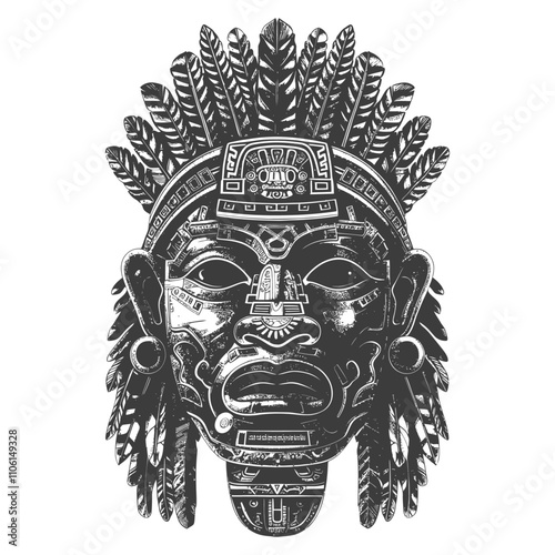 Black And White Illustration Of An Aztec Mask With Feathers