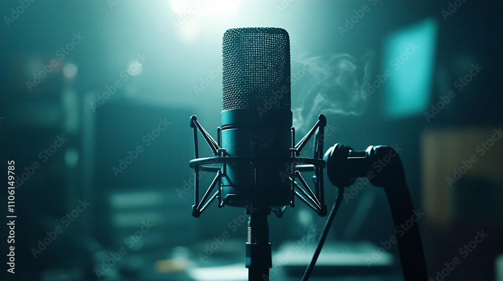 Studio microphone with smoke, dimly lit. Studio microphone with smoke, dimly lit.