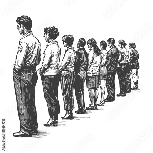 Black And White Illustration Of People Standing In Line