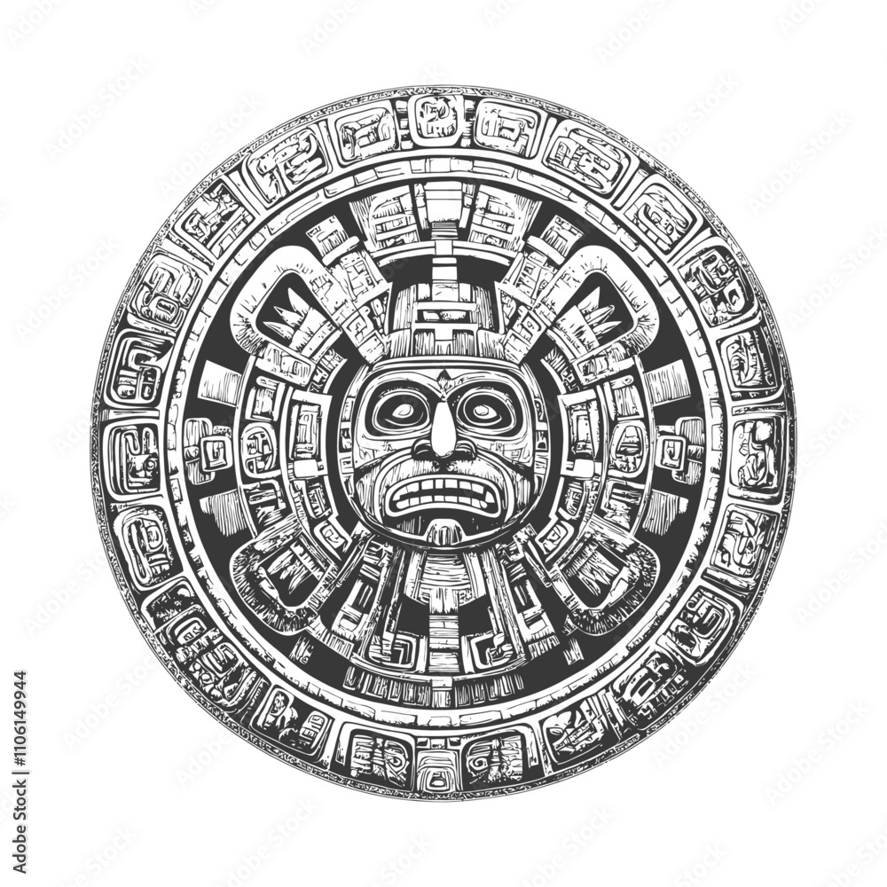 Intricately Detailed Aztec Calendar With Central Deity Face Intricately Detailed Aztec Calendar With Central Deity Face