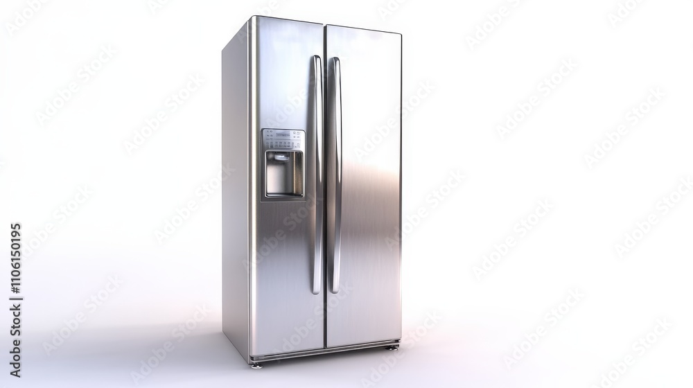 Naklejka premium Stainless Steel Refrigerator. Modern Kitchen Appliance. Front View Fridge Freezer Isolated on White Background