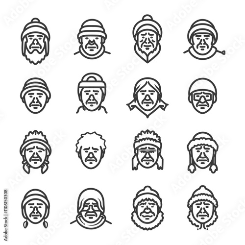 Line Art Illustrations Of 16 Unique Male Faces Wearing Winter Hats And Clothing