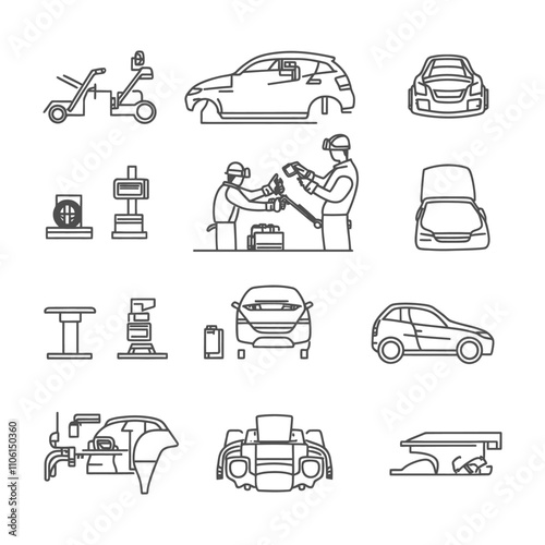 Line Art Illustrations Of Car Repair And Maintenance Processes