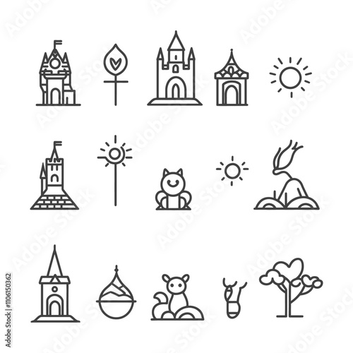 Line Art Illustrations Of Castles Sun Animals And Plants