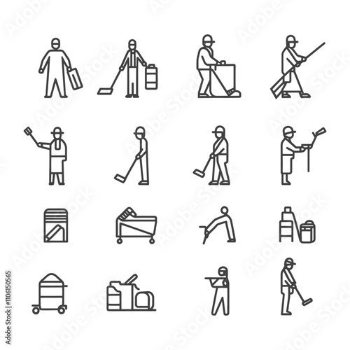 Line Art Illustrations Of Janitorial And Cleaning Staff With Equipment