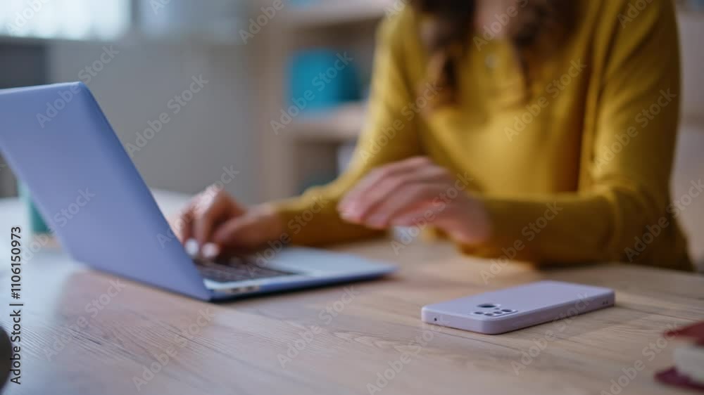 Business manager hands typing computer at workplace closeup. Happy businesswoman