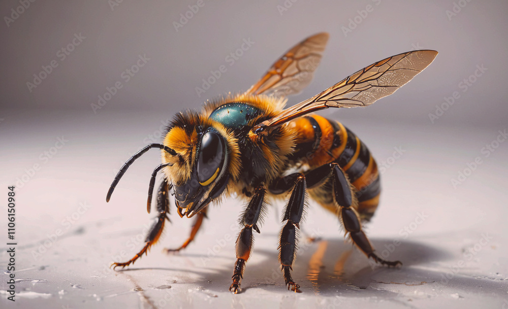 Large yellow and black bee with a blue stripe on its face. It is standing on a white surface Large yellow and black bee with a blue stripe on its face. It is standing on a white surface
