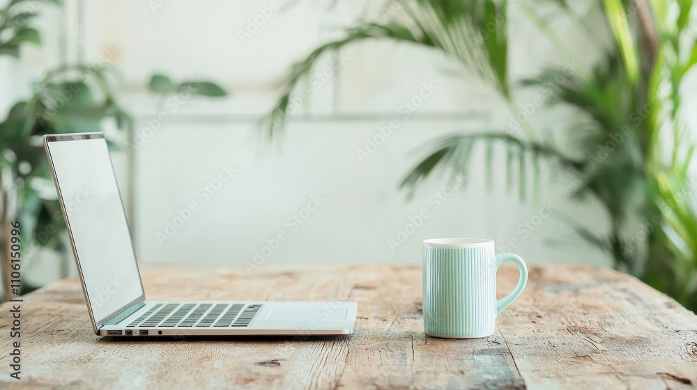 Minimalist Workspace with Laptop, Coffee Cup, and Green Plants Minimalist Workspace with Laptop, Coffee Cup, and Green Plants