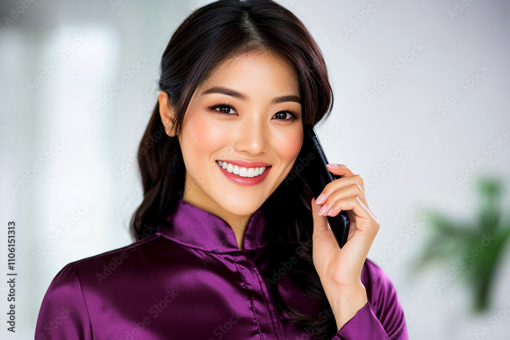 Asian professional woman in a plum blouse, calling a client on her mobile phone from a contemporary office setting. Copy space. Asian professional woman in a plum blouse, calling a client on her mobile phone from a contemporary office setting. Copy space.