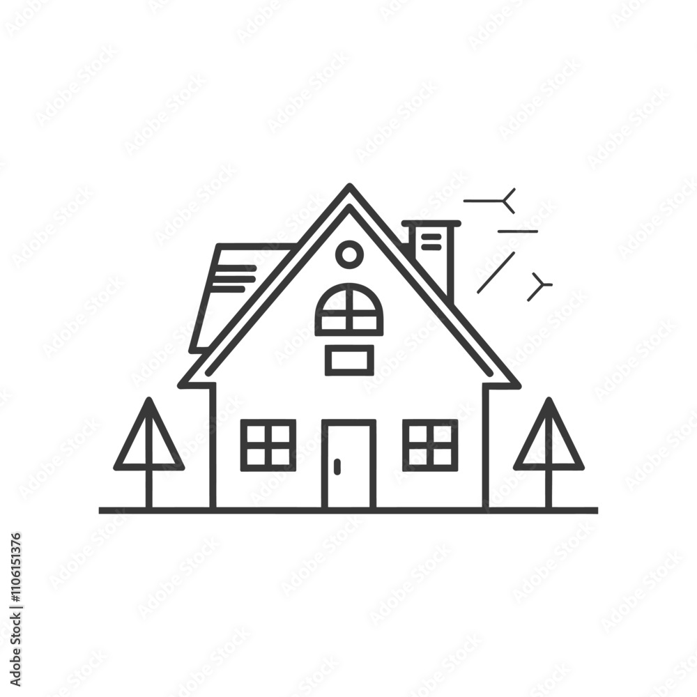 Line Drawing Of A House With Two Trees And A Chimney Line Drawing Of A House With Two Trees And A Chimney