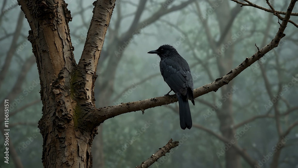 Gothic bird perched on an ancient branch. Gothic bird perched on an ancient branch.