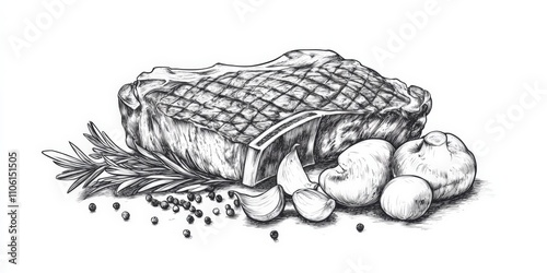 Steak Sketch. Vintage Hand Drawn Artistic Set of Beef, Lamb, and Pork Steak with Mushrooms and Spices on White Background