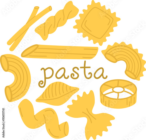 Set of different pasta types. Hand drawn illustration of cute elements arranged in a circle