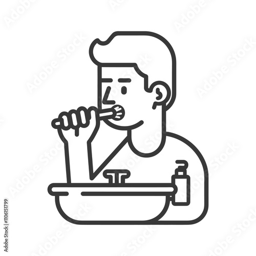 Line Drawing Of A Man Brushing His Teeth In Front Of A Sink