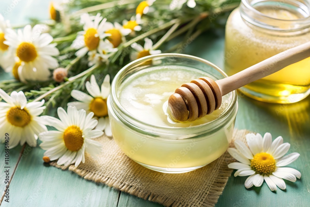 A jar of honey with a dipper surrounded by chamomile flowers on a rustic green table. The composition highlights natural beauty and offers ample copy space for designs or branding. A jar of honey with a dipper surrounded by chamomile flowers on a rustic green table. The composition highlights natural beauty and offers ample copy space for designs or branding.