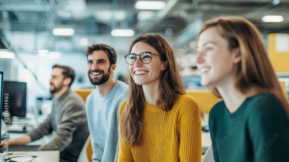 Smiling Coworkers Collaborating in a Modern Office Setting Smiling Coworkers Collaborating in a Modern Office Setting