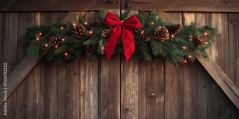 Fototapeta premium Pinecone and evergreen swag hanging over a rustic barn door, decorated with red bows and twinkling lights