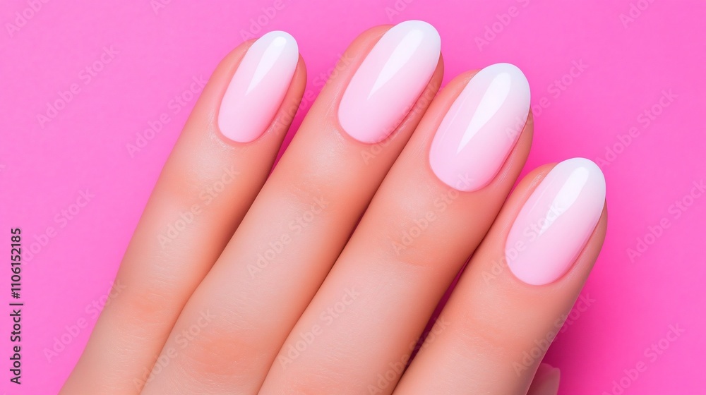 Close-up of manicured hands with a soft pink ombre nail design on a pink background. Close-up of manicured hands with a soft pink ombre nail design on a pink background.