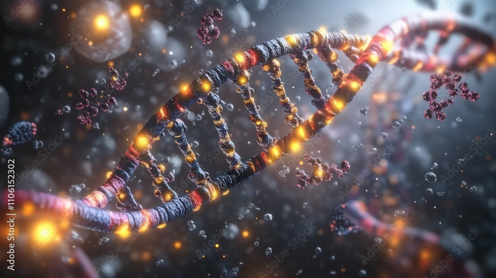 A close-up view of a DNA molecule within the nucleus of a human cell, with each nucleotide pair intricately colored and labeled. The strands are surrounded by a dynamic cloud of smaller molecule A close-up view of a DNA molecule within the nucleus of a human cell, with each nucleotide pair intricately colored and labeled. The strands are surrounded by a dynamic cloud of smaller molecule