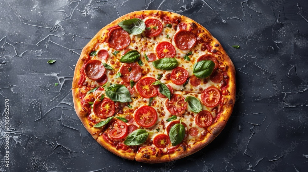 Pizza with tomato on dark background viewed from above Pizza with tomato on dark background viewed from above