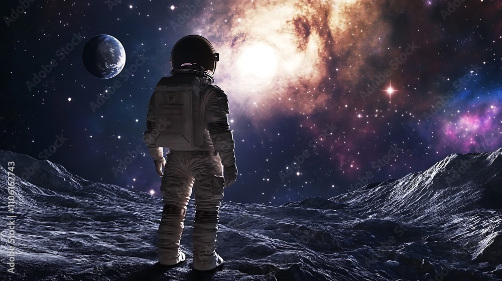 Obraz premium Astronaut Gazing at Celestial Nebula and Distant Planet