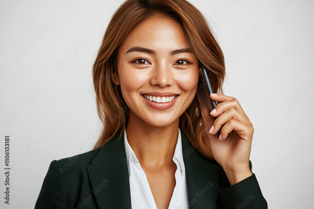 Asian businesswoman in a green blazer, engaged in a client call on her mobile phone, working in a sleek, contemporary office. Copy space. Asian businesswoman in a green blazer, engaged in a client call on her mobile phone, working in a sleek, contemporary office. Copy space.