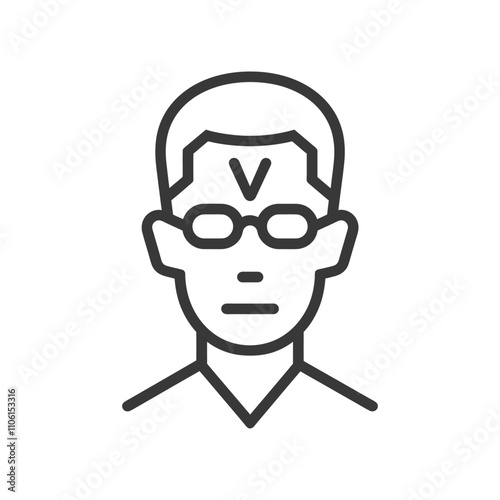 Line Drawing Of A Person Wearing Glasses And A V On Their Forehead