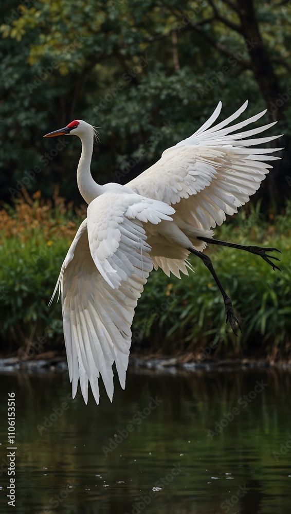 Fototapeta premium Graceful white crane spreading its wings.