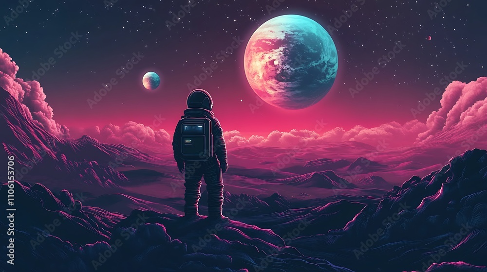 Astronaut Contemplates Alien Landscape Underneath Two Planets Astronaut Contemplates Alien Landscape Underneath Two Planets