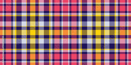 Asymmetric seamless plaid check, clothing textile fabric background. Nostalgia vector tartan texture pattern in indigo and light colors.