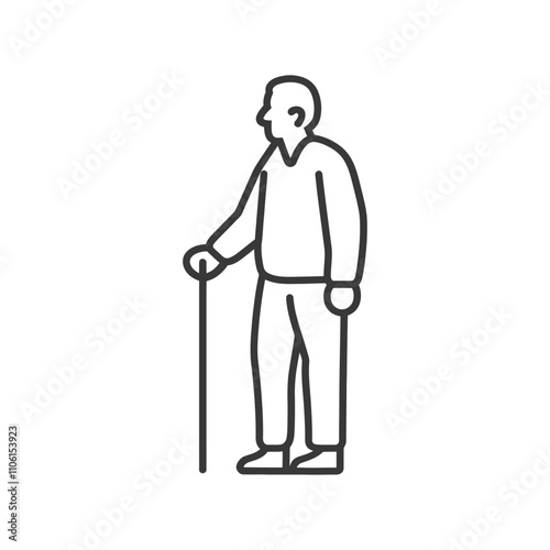 Line Drawing Of A Senior Man With A Cane