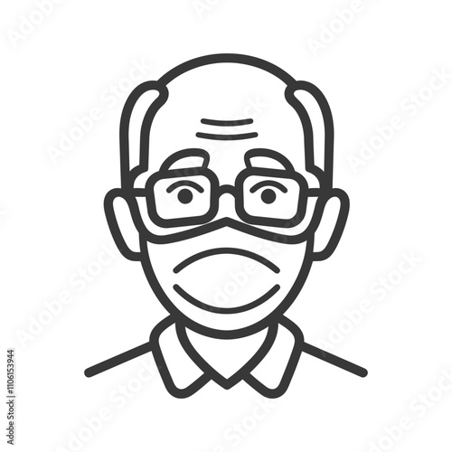 Line Drawing Of A Senior Man Wearing Glasses And A Face Mask