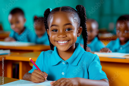 African student wearing a blue uniform and writing with a pen at her desk.