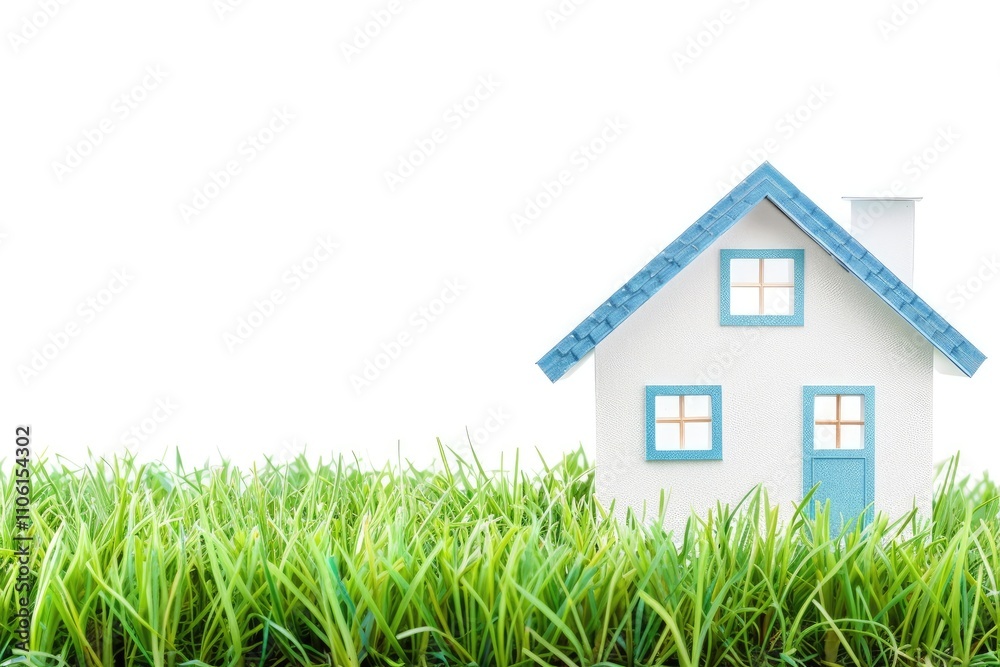 A small, charming house with blue accents stands amidst lush green grass against a bright, white background. A small, charming house with blue accents stands amidst lush green grass against a bright, white background.