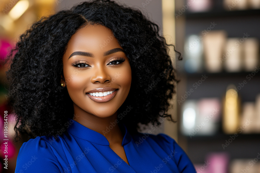 Cheerful African woman with curly hair in a blue blouse, working as a consultant in a busy beauty shop. Copy space. Cheerful African woman with curly hair in a blue blouse, working as a consultant in a busy beauty shop. Copy space.
